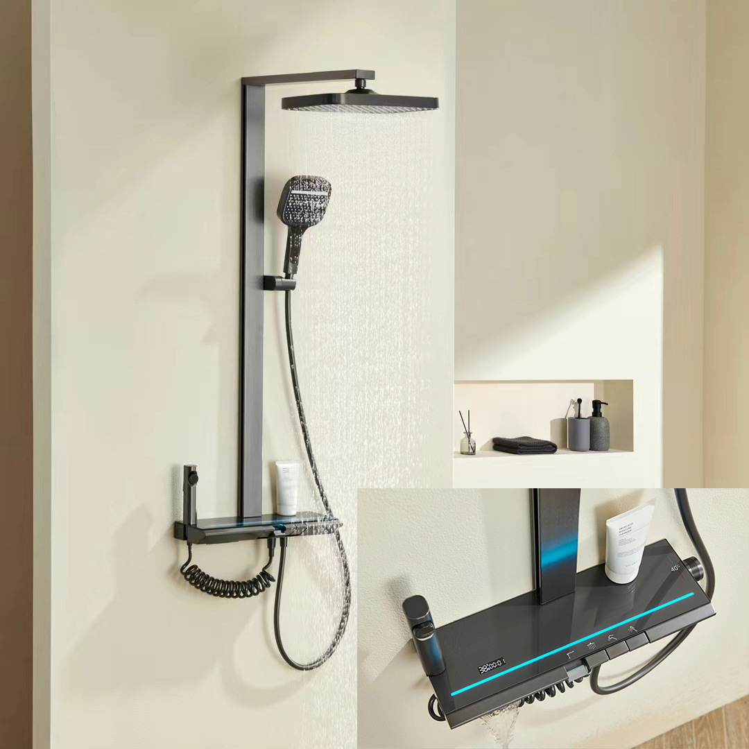 Pantalla digital inteligente LED, cobre completo, lujo ligero, temperatura constante, sobrealimentado, ducha para el hogar, juego completo de ducha de mano para el baño