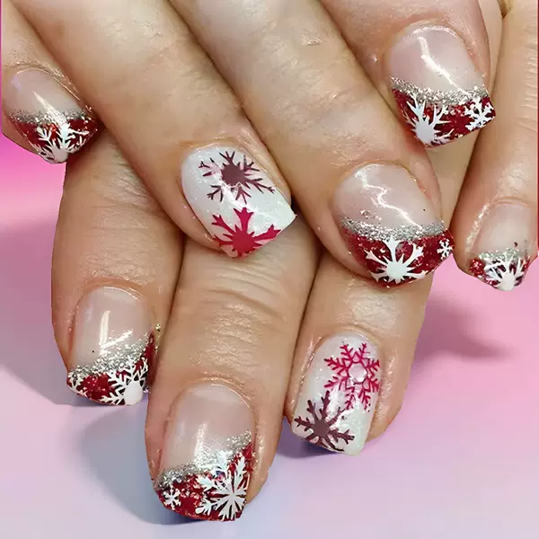 Chinese-Style Glossy Christmas Cross-Border Nail Art with Red and White Snowflake Glitter, French-Style Dazzling European and American Style Press-On Nails, 24 Pieces of Nail Tips