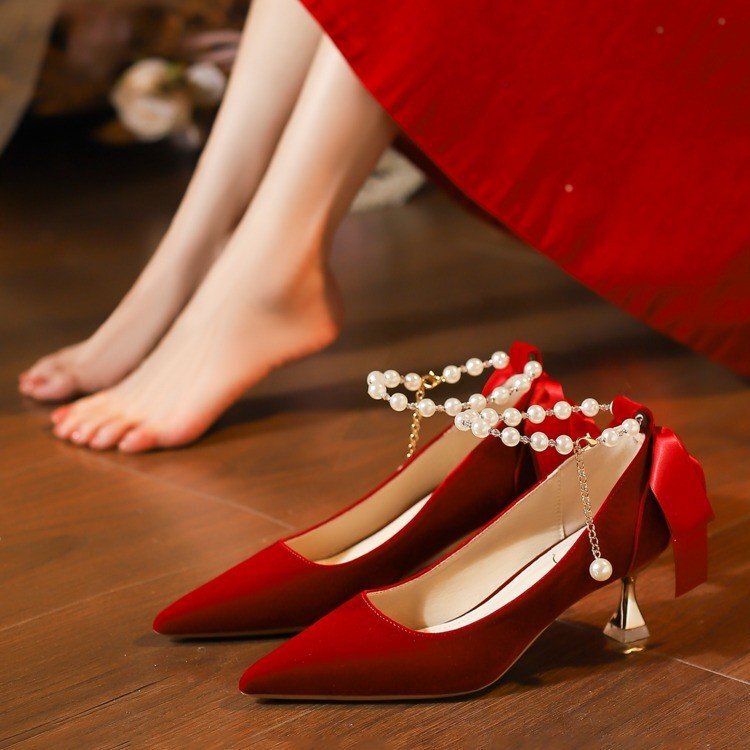 Bride and Bridesmaid Wedding Wedding Stiletto Pointed Toe High Heels Women's Suede Red Pearl Strap Shoes for Women Bride and Bridesmaid Wedding Wedding Stiletto Pointed Toe High Heels Women's Suede Red Pearl Strap Shoes for Women
