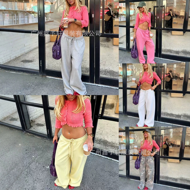 2026 European and American cross-border women's drawstring wide-leg sweatpants, multi-color, drapey, casual, sporty, loose, slimming, versatile long pants