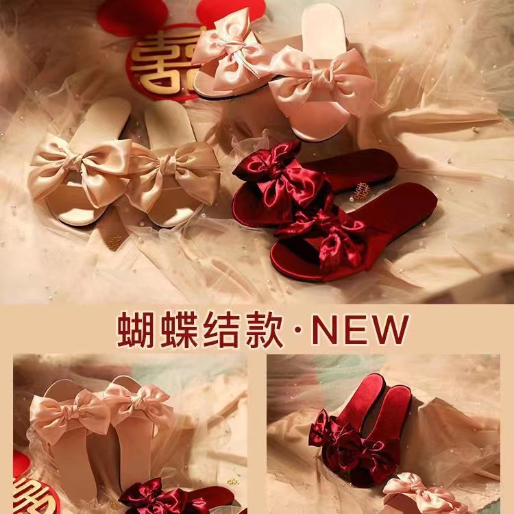 Wedding Bridesmaid Morning Gown Slippers Accompanying Bride's Wedding Satin Slippers Red Festive Pair of European Style Women's Spring and Summer Shoes