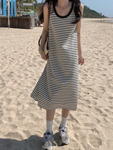 夏季新款条纹吊带背心连衣裙女胖MM外穿打底长裙欧美宽松大码裙子