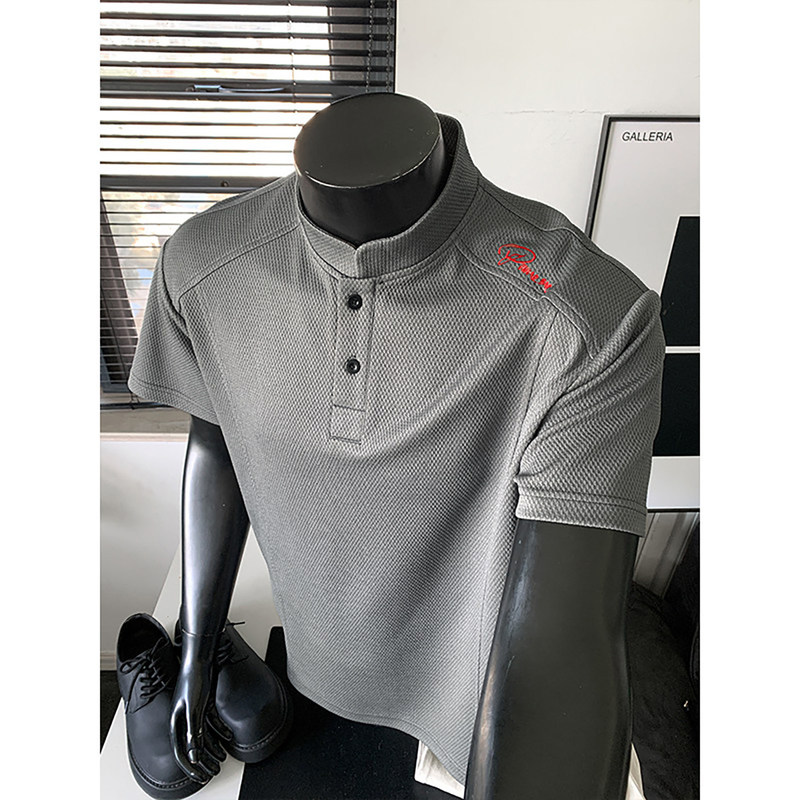 Cross-Border Embroidered Short-Sleeve Polo Shirt for Men, Summer American-Style Deconstructed Patchwork Sports Fitness Regular Shoulder T-Shirt, Thin Five-Quarter Sleeve