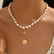 欧美跨境海洋度假风海星扇贝壳吊坠项链 ins多层叠戴金属链条项饰