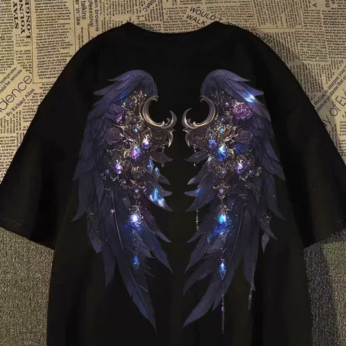 Summer unisex kids American retro dark wings print t-shirts for big kids oversize streetwear tops