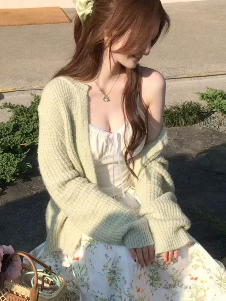 잉어 밖 이른 봄 루즈한 프랑스식 단색 니트 카디건 날씬해 보이는 체크 백