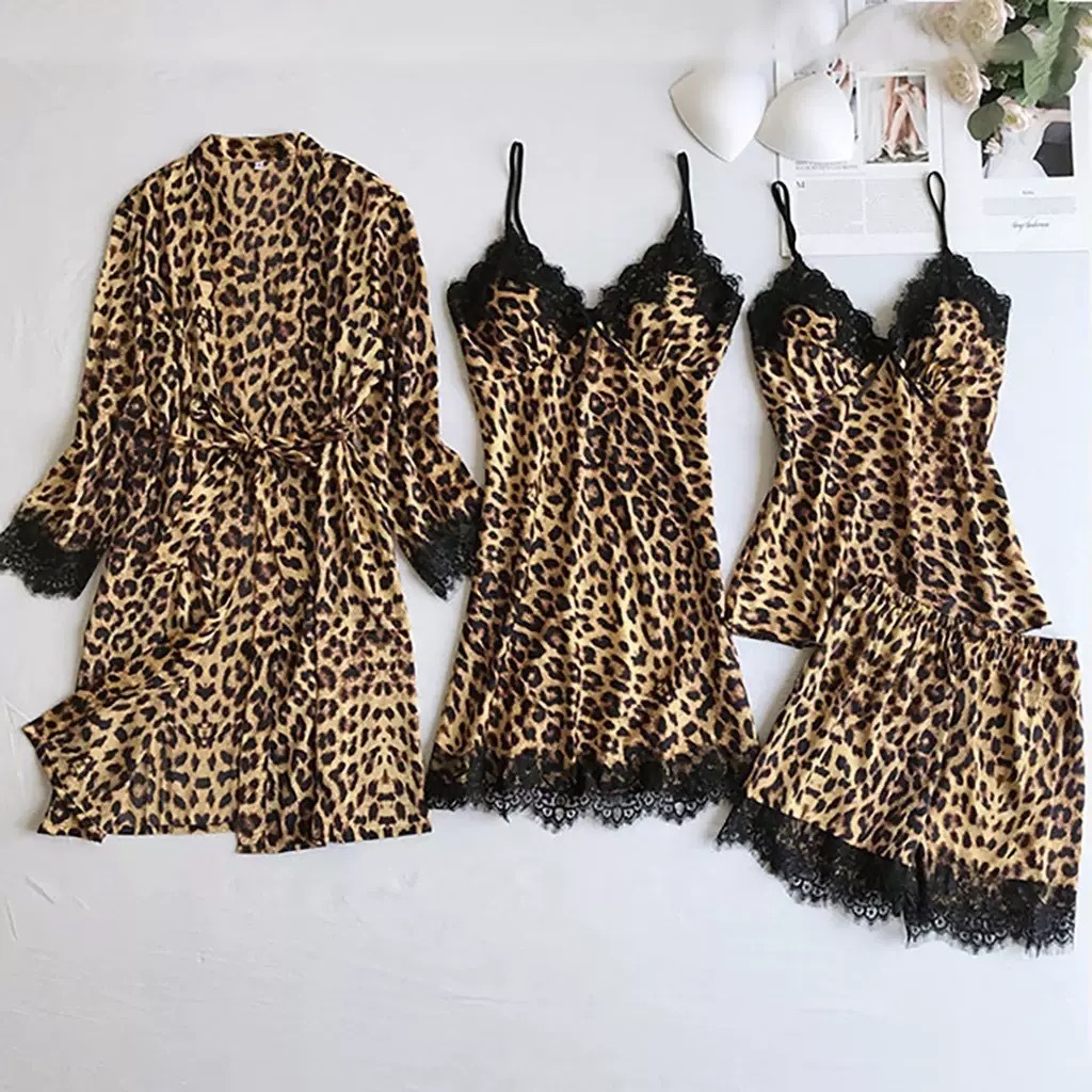 Nueva seda europea y americana negra estampada leopardo ropa de casa pijama set de moda encaje pijama set al por mayor