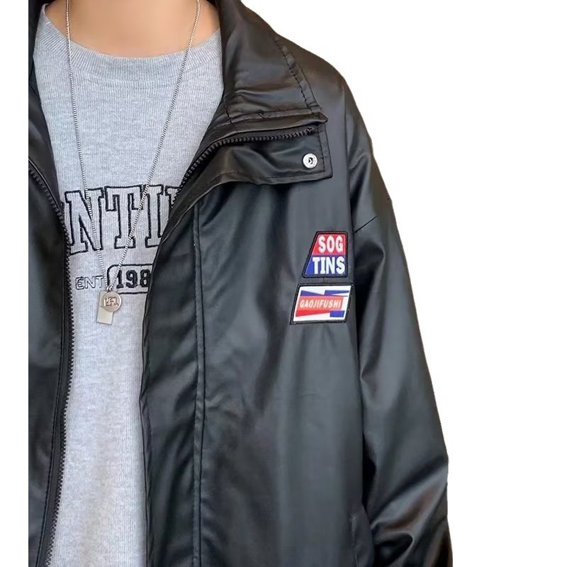 Chaqueta de cuero de pu con solapa de calle principal, chaqueta etiquetada, primavera y otoño para hombres, estilo de Hong Kong, pareja de nicho, chaqueta suelta de calle frita