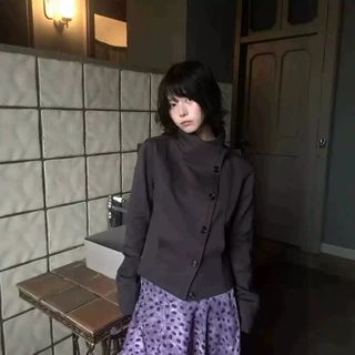 混纺抓绒外套 斜襟立领不对称设计上衣日系复古短款夹克百搭开衫