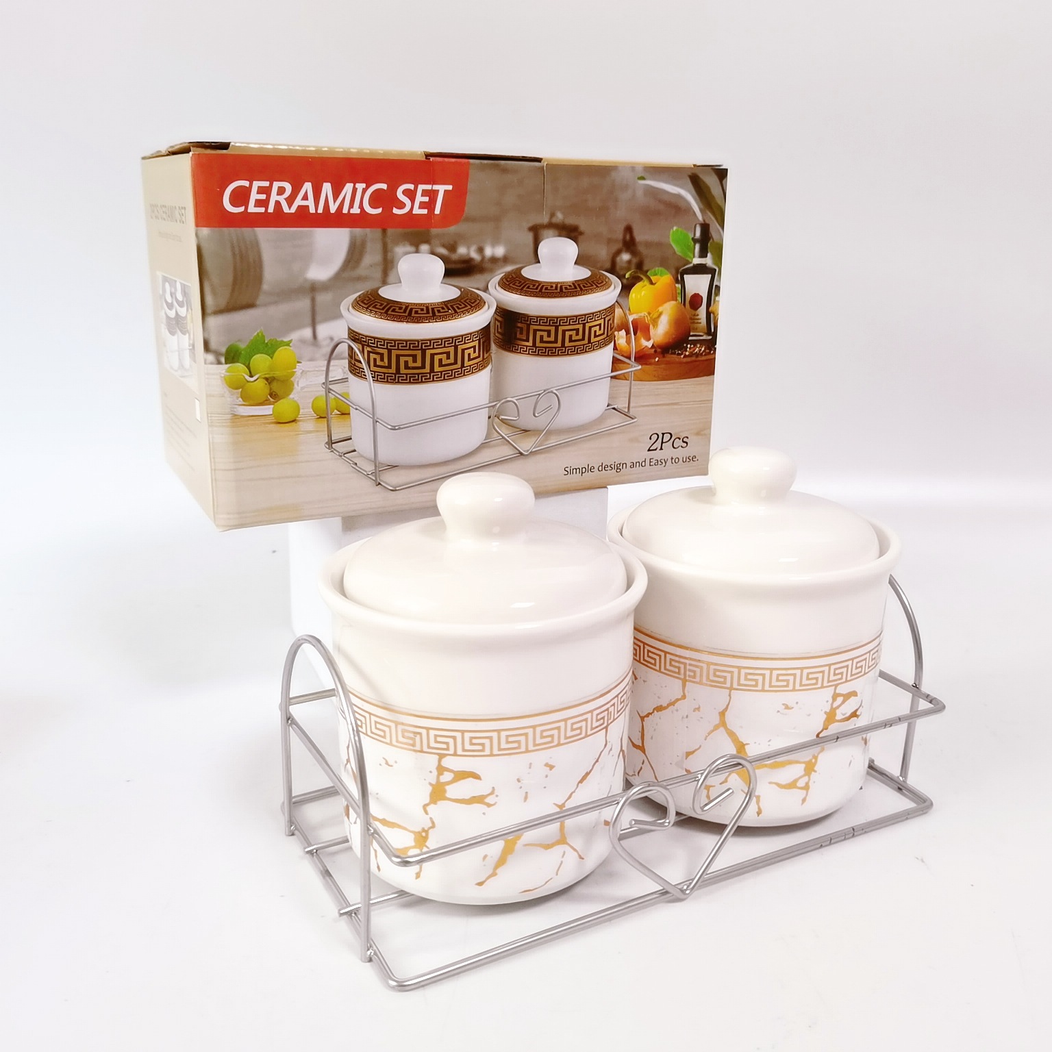 Exportación transfronteriza 2-pack cerámica chapado en oro condimento tarro con estante de hierro cocina condimento botella té tarro Oriente Medio