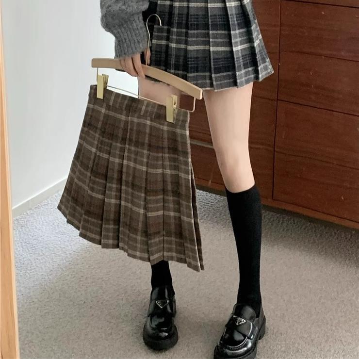 复古格纹毛呢半身裙女大码春秋呢子百褶裙胖mm遮肚防走光a字短裙|undefined