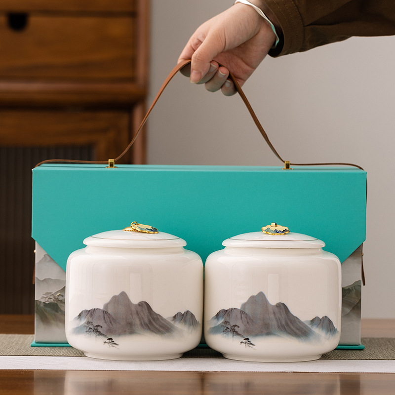 新款大号双罐陶瓷茶叶罐礼盒包装空茶盒绿茶红茶龙井茶滇红普洱茶