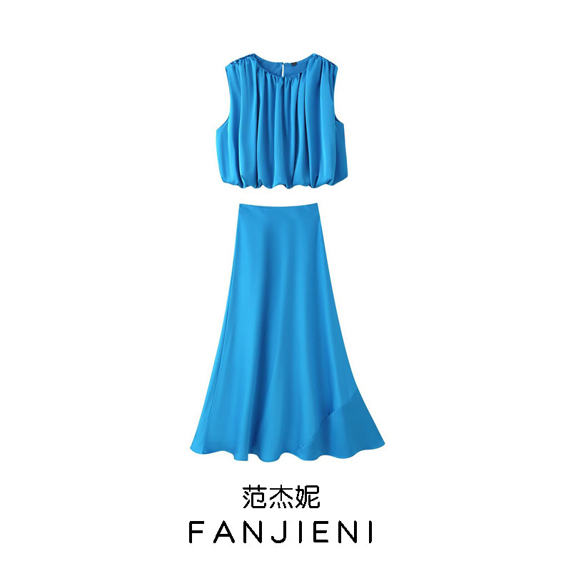 ZR Foreign Trade Wholesale European and American Style Women's Clothing Fashionable Versatile Satin Wide-Shoulder Pleated Top and Fishtail Skirt Two-Piece Set ZR Foreign Trade Wholesale European and American Style Women's Clothing Fashionable Versatile Satin Wide-Shoulder Pleated Top and Fishtail Skirt Two-Piece Set