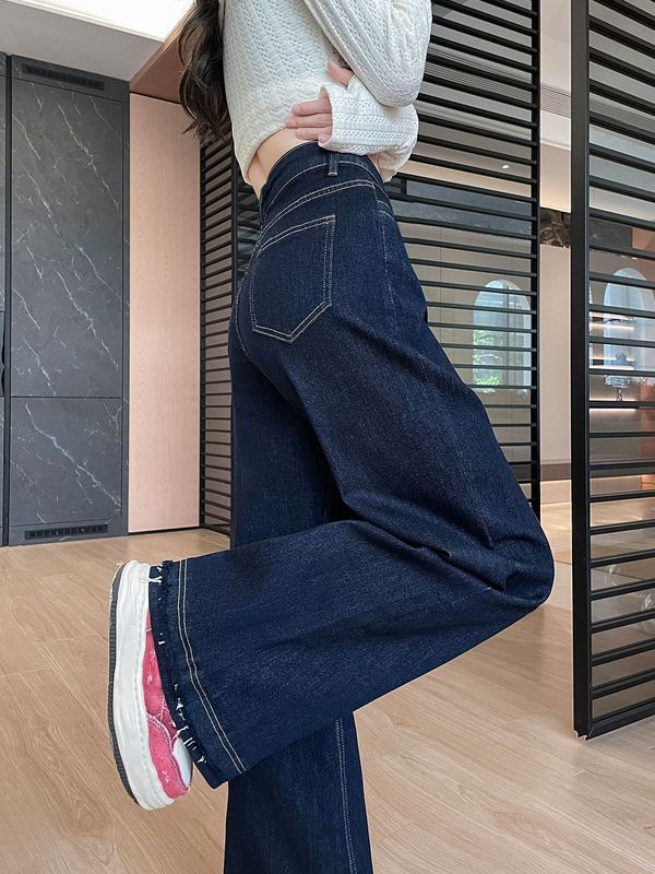 高腰微喇阔腿牛仔裤女长裤春秋季新款宽松显瘦垂感拖地裤子毛边|undefined