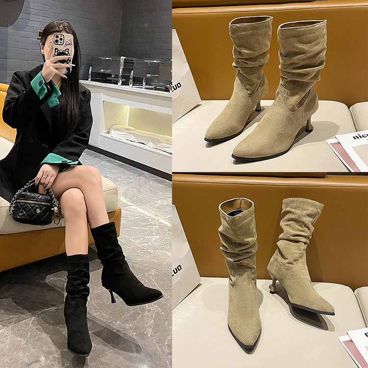 Botas de mujer, piernas gruesas, tacones de aguja, botas de tacón medio, pero pliegues de rodilla, botas de pila de punta puntiaguda de ante, botas Martin de tubo medio