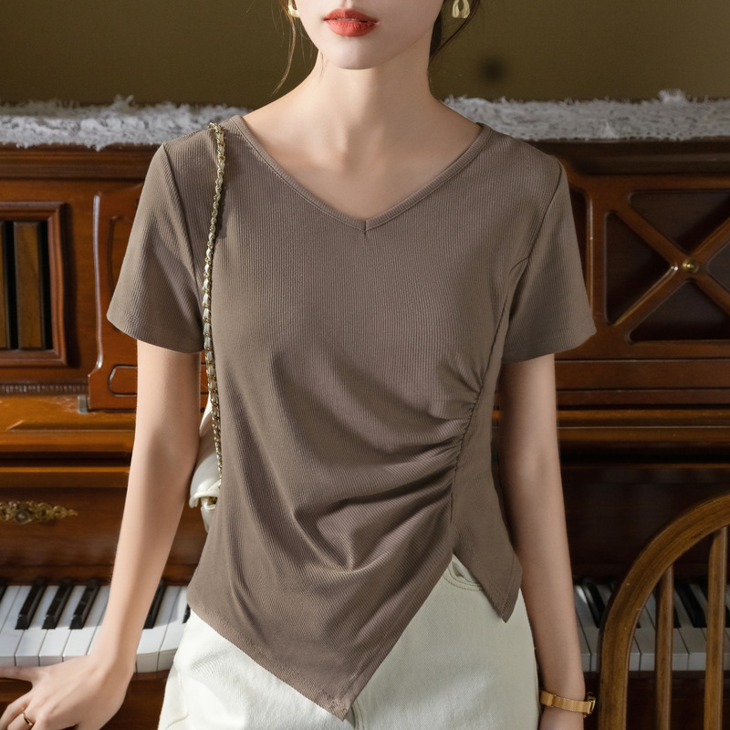 Camiseta de manga corta para mujer verano 2023 nuevas mujeres elegantes con cuello en V hilo camiseta irregular dobladillo dividido cintura superior
