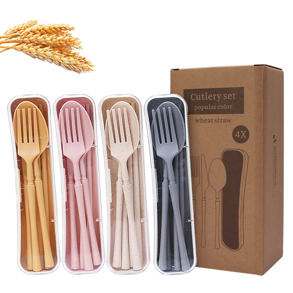 Wheat Straw Tableware Set of Four (Knife, Fork, Spoon, Chopsticks) - Student/Office Worker Outdoors Travel Portable Knife Fork Spoon Chopsticks Gift