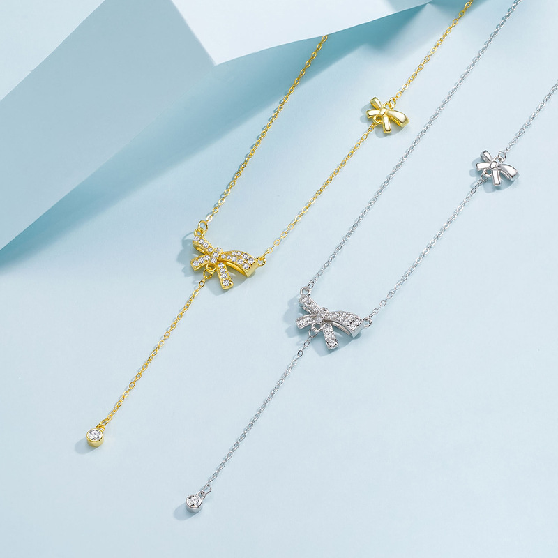 5g Weight Zircon Inlay Material 925 Sterling Silver Zircon Plating Bow Knot Pendant Necklace