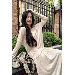 慵懒风宽松长袖罩衫T恤休闲套装女春季穿搭高腰半身裙长裙两件套