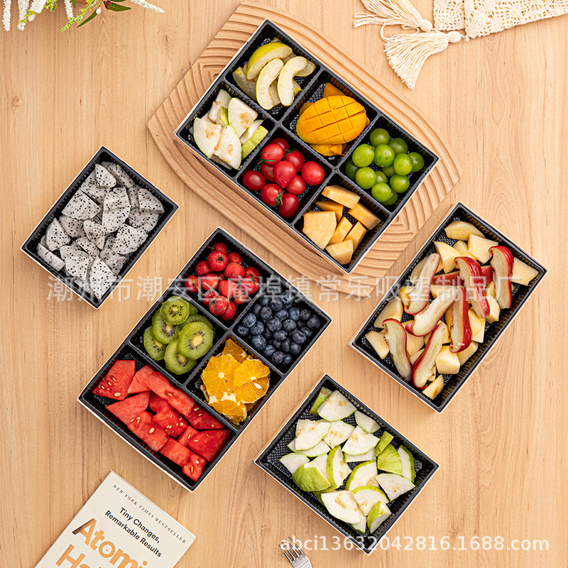 Caja de corte de frutas sin plegables, cuatro, cinco, seis cuadrículas de sushi, fruta fresca cortada, plástico transparente rectangular, caja de papel y plástico de tres piezas