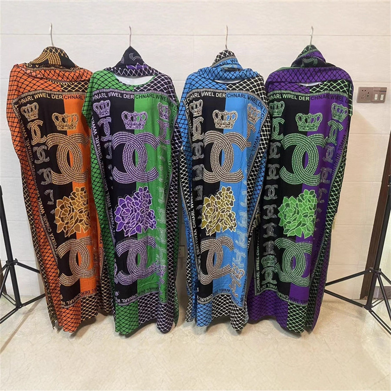 Ah8850 #   New Loose Large Size One-Line Collar Hot Diamond Tassel Turban Rayon Double-Sided Printed Color Robe