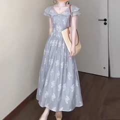 フランス風茶休優し風高級感ブルー花vネック二重のハスの葉の縁に痩せたロングワンピース女性夏