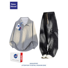 NASA ABOUT运动服套装男款2025新款春秋季假两件POLO衫长裤两件套