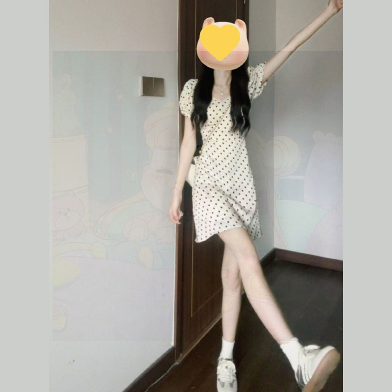 法式泡泡袖波点气质连衣裙子女夏2025新款韩系小个子显高收腰短裙|undefined