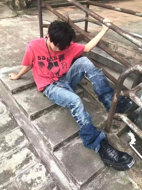 跨境冰蓝裂痕水洗立体裤子弯刀版型高弹雾蓝美式牛仔裤男女高街百|undefined