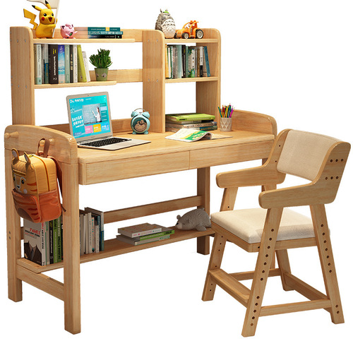 Light luxury all-solid wood children's desks and chairs, the table can be raised and lowered, Nordic household simple computer desk, desk and bookshelf combination