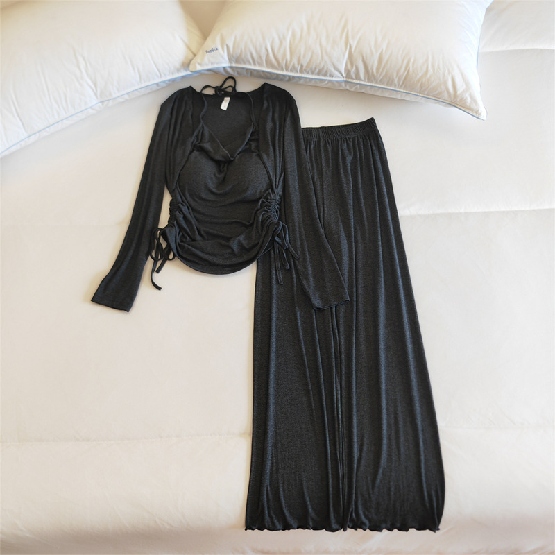 網紅風睡衣女春秋冬季莫代爾長袖綁帶性感純欲風帶胸墊家居服套裝