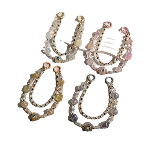 Double layer round bead crystal twist bead mobile phone chain girl handmade DIY beaded hanging chain flower anti-lost mobile phone back clip chain