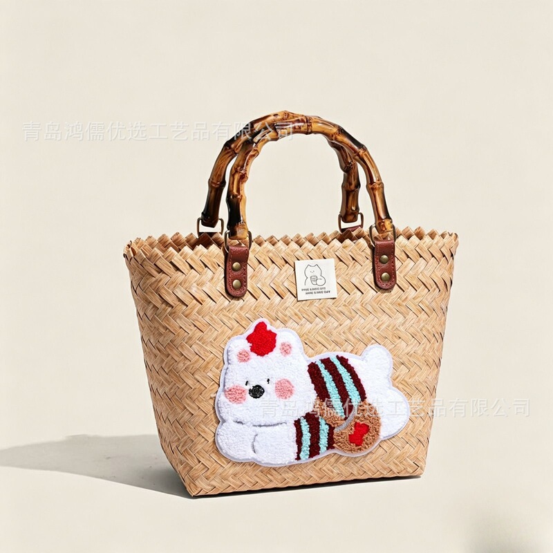 Summer New Style Dachshund Striped Retro Hand-Woven Women's Basket Bag Rattan Tote Bag for Commuting Summer New Style Dachshund Striped Retro Hand-Woven Women's Basket Bag Rattan Tote Bag for Commuting