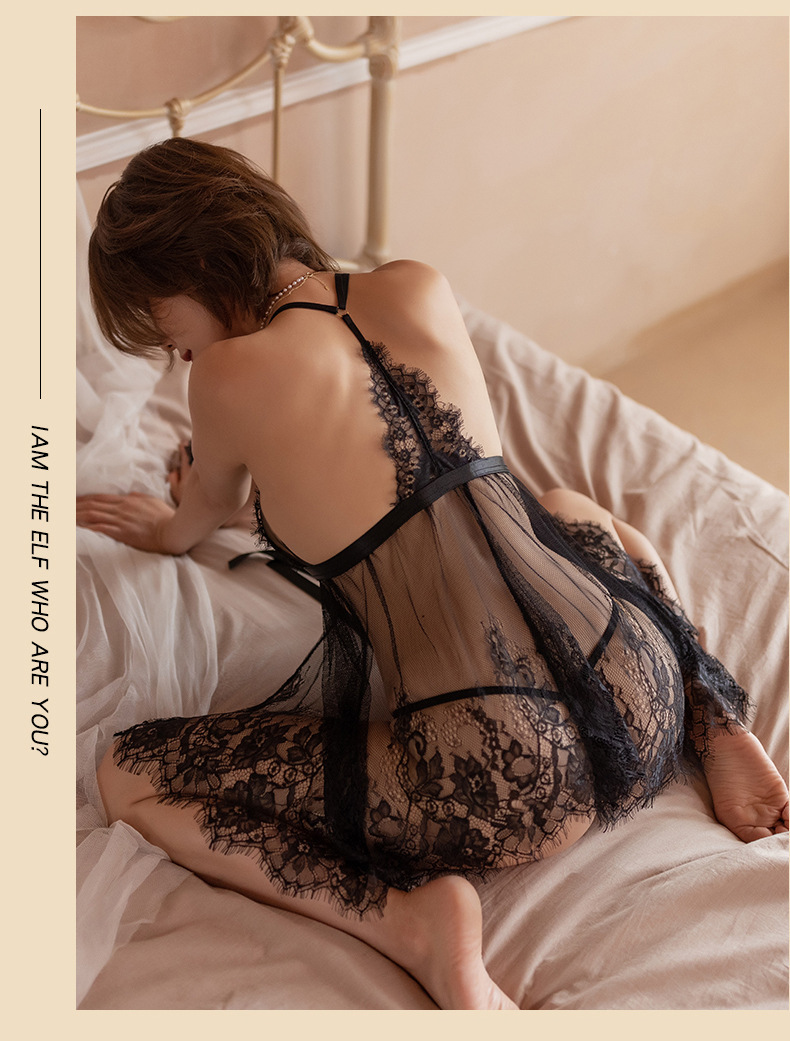 See-Through Lace Babydoll Nightdress with Thong, White One-Size Sleepwear Set — detail image 7