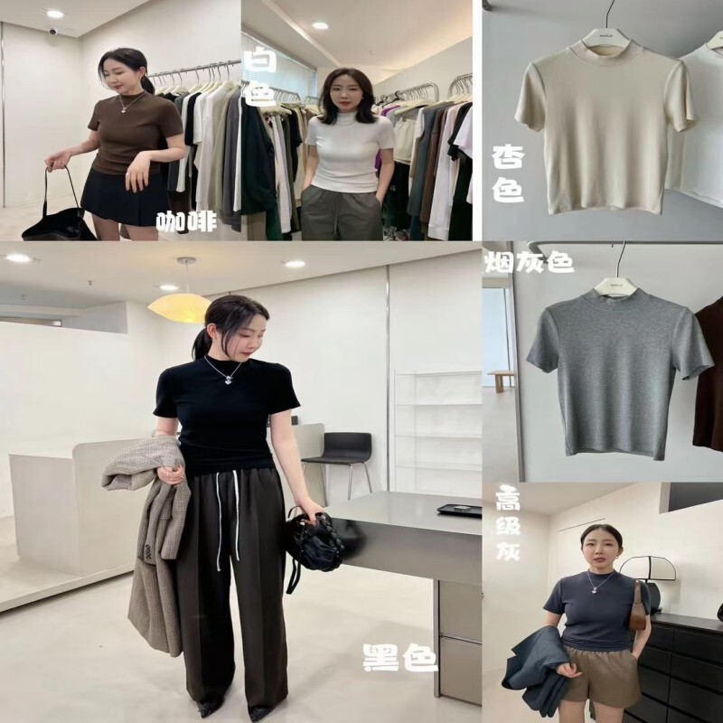 Boss Lady's Small Stand-Up Collar T-Shirt, Half-High Collar, Solid Color, Short-Sleeved, Slim-Fit, Versatile, Knitted Base Shirt, Simple Design Boss Lady's Small Stand-Up Collar T-Shirt, Half-High Collar, Solid Color, Short-Sleeved, Slim-Fit, Versatile, Knitted Base Shirt, Simple Design
