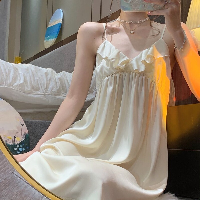 Pure Desire Style Summer New Women's Thin Nightgown Dress for Petite Figures with Ruffled Collar, Home Wear, Ice Silk Strap Nightdress