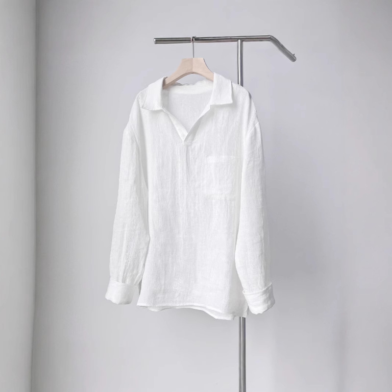 Special Clearance 100% Linen Men's Sand-Washed Embossed Jacquard Lapel V Neck Polo Shirt Light Long-Sleeved T-Shirt Spring and Summer