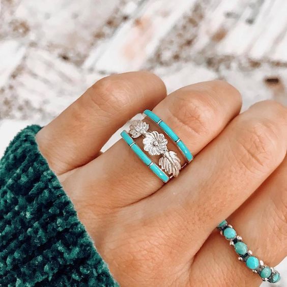 Hecheng Cross-border New Hot Selling European and American Vintage Ring Turquoise Hand Jewelry Party Engagement Ring Jewelry