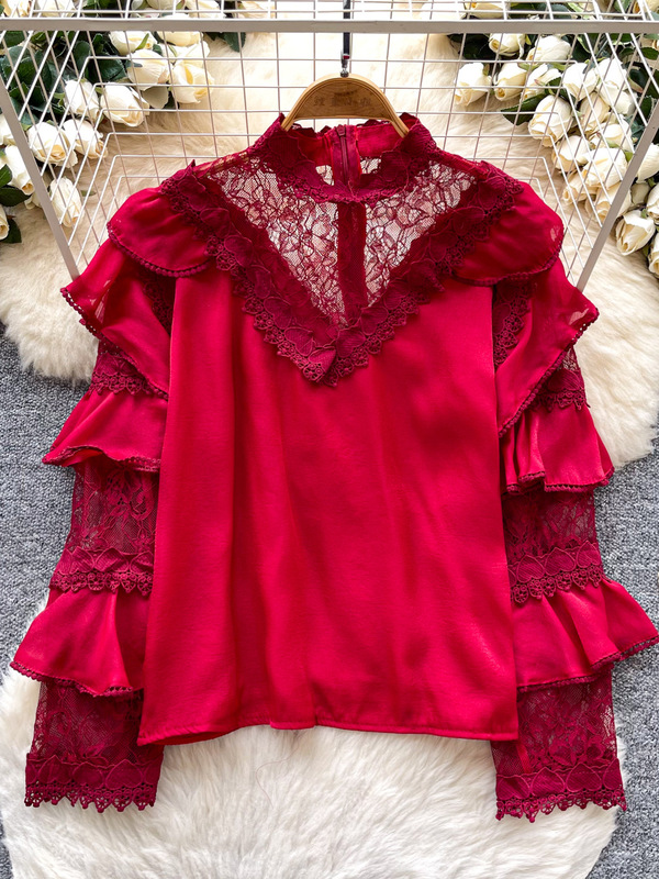 French Retro Palace Lace Splicing Long-Sleeved Satin Shirt for Women 2025 Autumn Accessible Luxury Celebrity Versatile and Chic Top