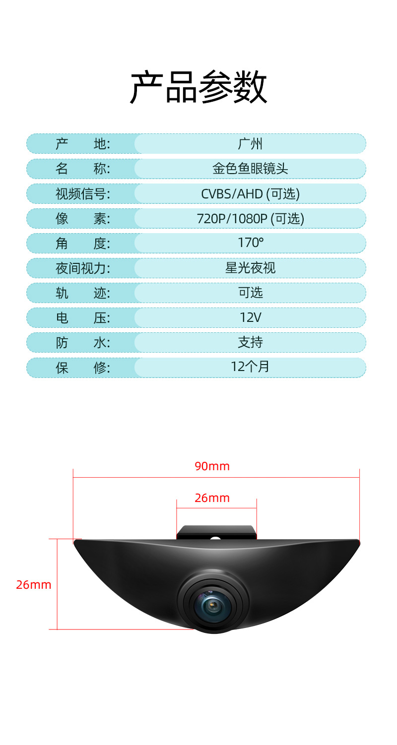 Suitable for Nissan Universal Front View Fisheye High-Definition Night Vision Camera Car Image Ahd1080P