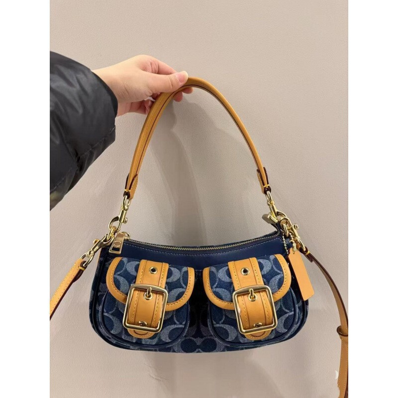 Coach High-Quality Women's Vintage Ashton Underarm Bag Retro Baguette Motorcycle Bag Single Shoulder Crossbody Mahjong Bag