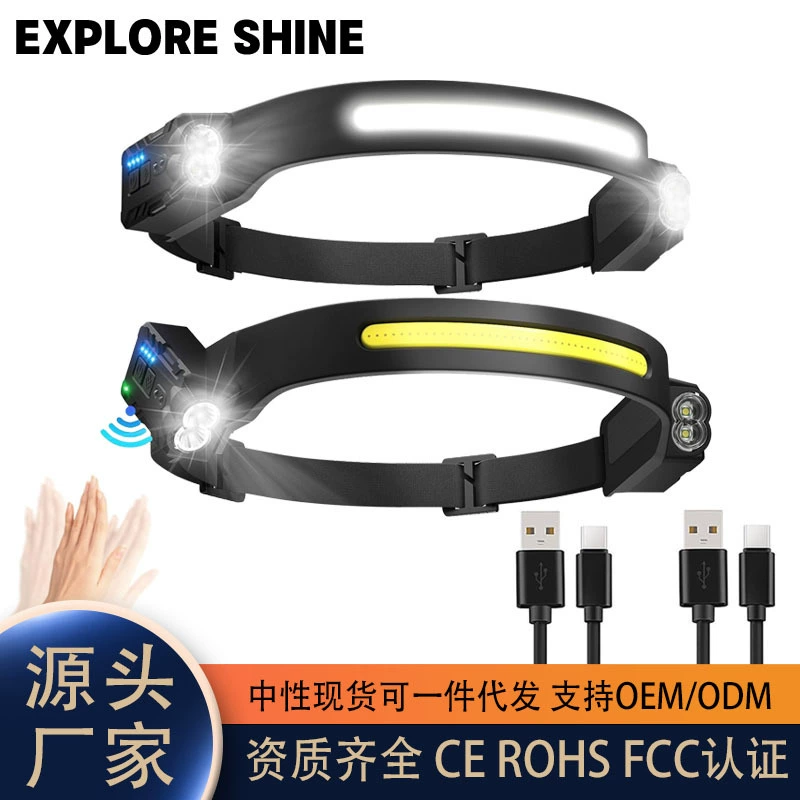 Трансграничная новая силиконовая двухголовая регулируемая головная лампа COB перезаряжаемая ночная езда на велосипеде дикий кемпинг индукционный свет
