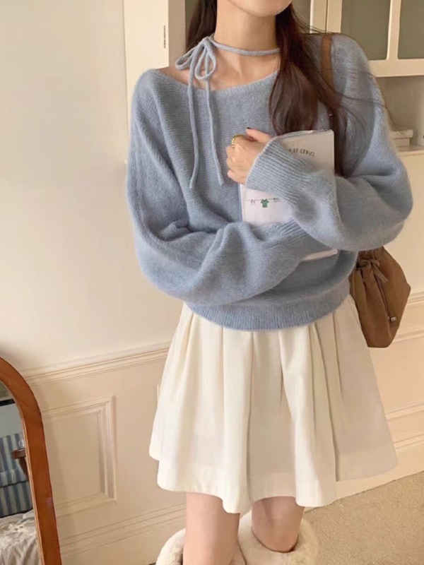 粉色毛衣女春秋新款韩系气质时尚圆领系带设计宽松慵懒软糯针织衫|undefined