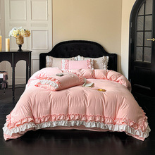 2025新款韩版简约大气时尚荷叶边水洗棉四件套多色床单床笠款批发