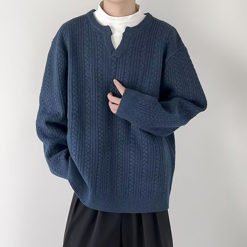 Pull en tricot à col en v pour homme en mélange coton hiver_voghion.com