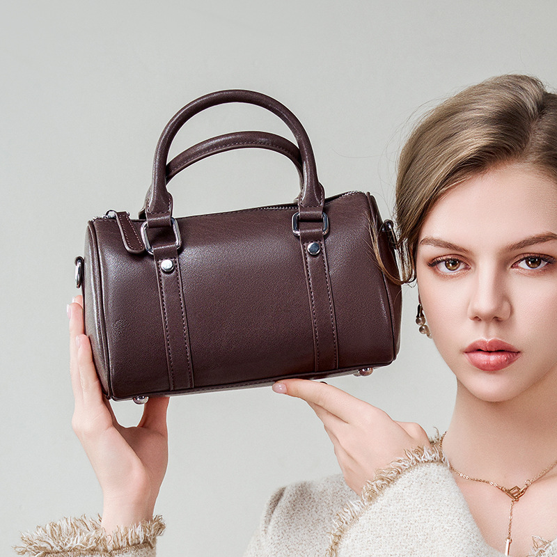 Boston Pillow Bag Top Grain Cowhide Leather Zipper Shoulder Bag Luxury Commuter Women's Small Handbag