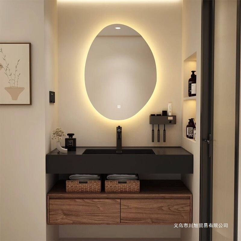 Black Walnut Color Bathroom Cabinet Set, Bathroom Sink, Rock Integrated Washbasin, Nordic Style Sanitary Ware Black Walnut Color Bathroom Cabinet Set, Bathroom Sink, Rock Integrated Washbasin, Nordic Style Sanitary Ware
