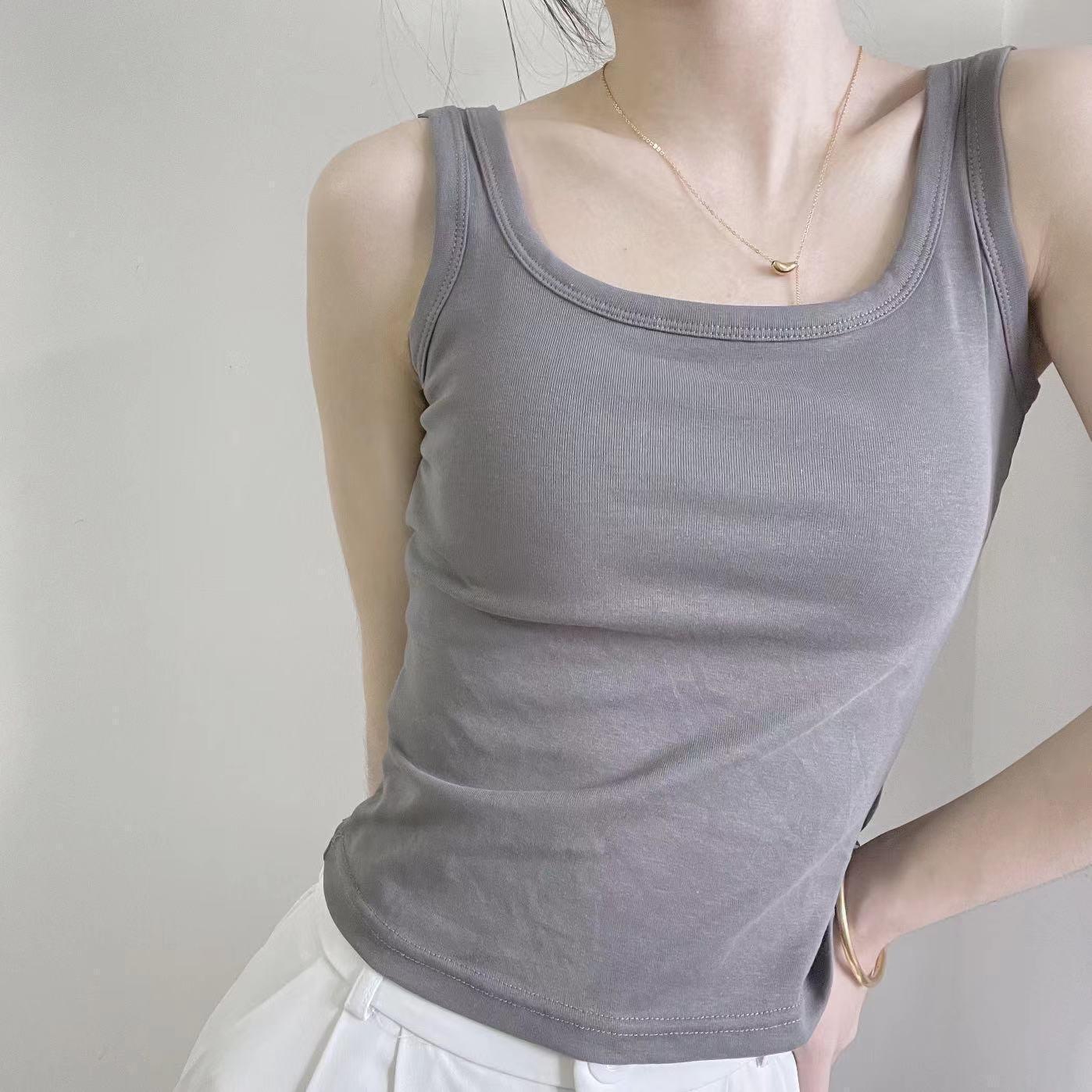 New Style Threaded Cotton Vest with Chest Pad Women's Push-Up Latex Cup Round Neck All-Match Inner Sleeveless Base Underwear