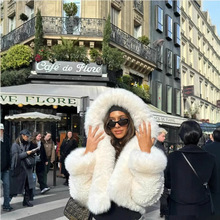 新款秋冬仿皮草外套跨境欧美环保仿狐狸毛网红短款连帽外套女
