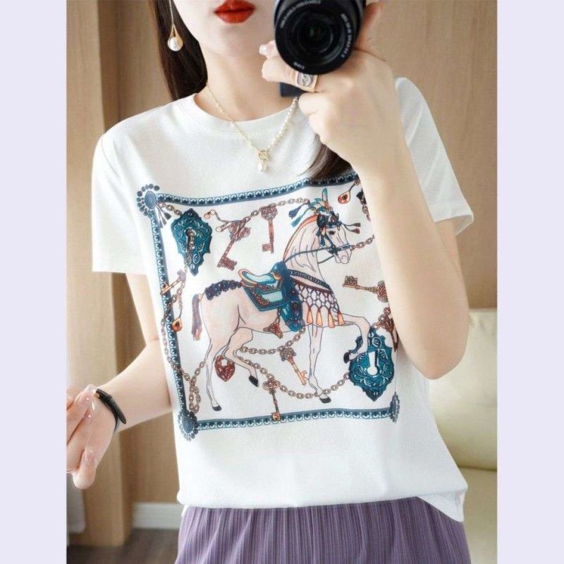 AB impreso de manga corta de verano impreso camiseta de las mujeres blancas de reducción de edad elegante adelgazar superior de secado rápido todo partido redondo image 5